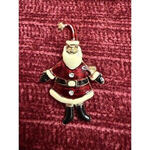 Vintage Legs Moving Santa Christmas Brooch; Gold Tone Enamel Holiday Pin